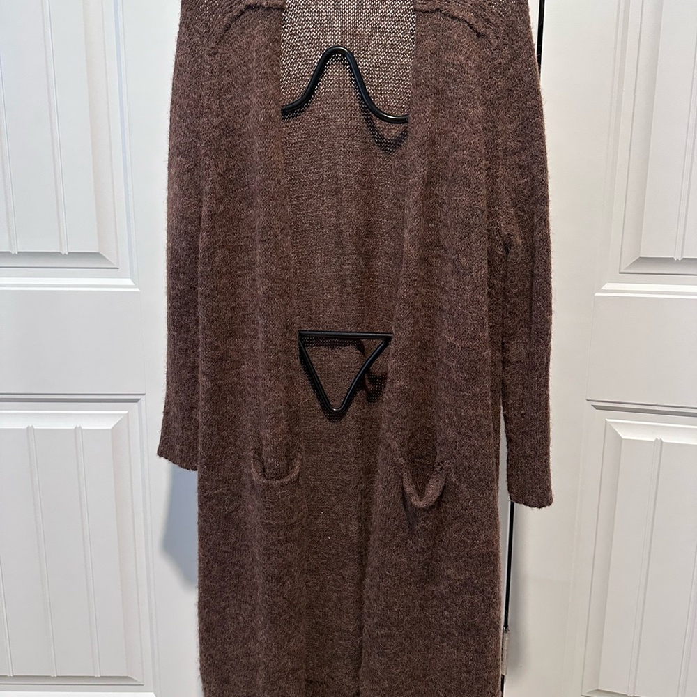 Free People Wool Textured Brown Knit Open Long Cardigan Sweater